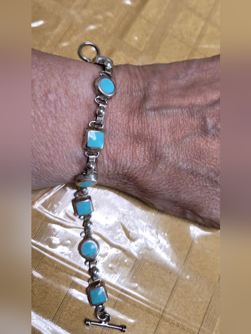 Vintage Mexico Sterling Silver Bracelet with Turquoise Inlay and Toggle Clasp